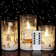 Eldnacele Flickering flameless glass snowman candles with remote control, timer, battery operated, real wax, LED pillar candles,